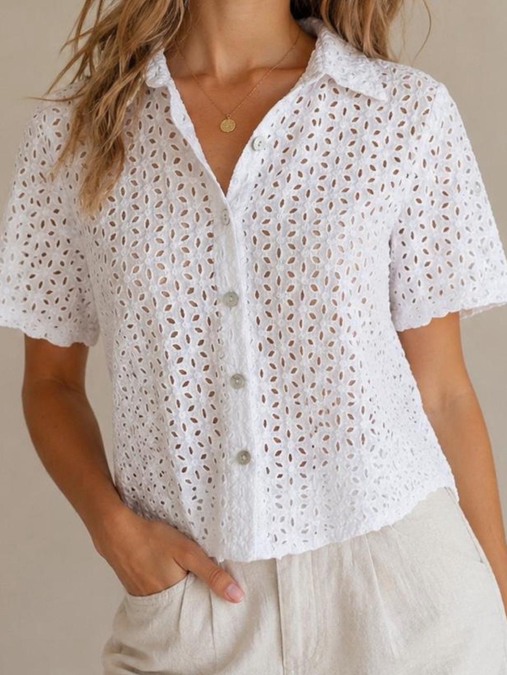 Boho Coastal Cottagecore White Eyelet Cotton Button Up Top Beach Cover Size 8